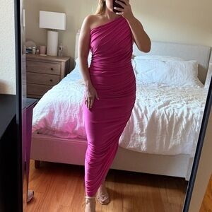 One-Shoulder Ruched Fuchsia Maxi Dress